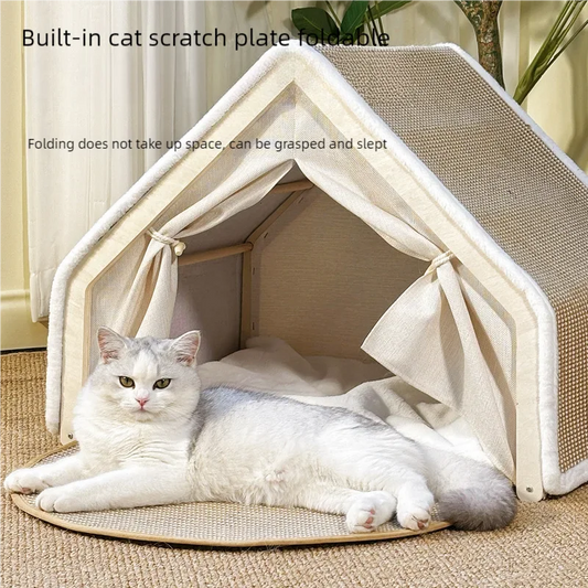 Luxury Wooden Cat House & All-Season Cat Bed with Washable Cushion